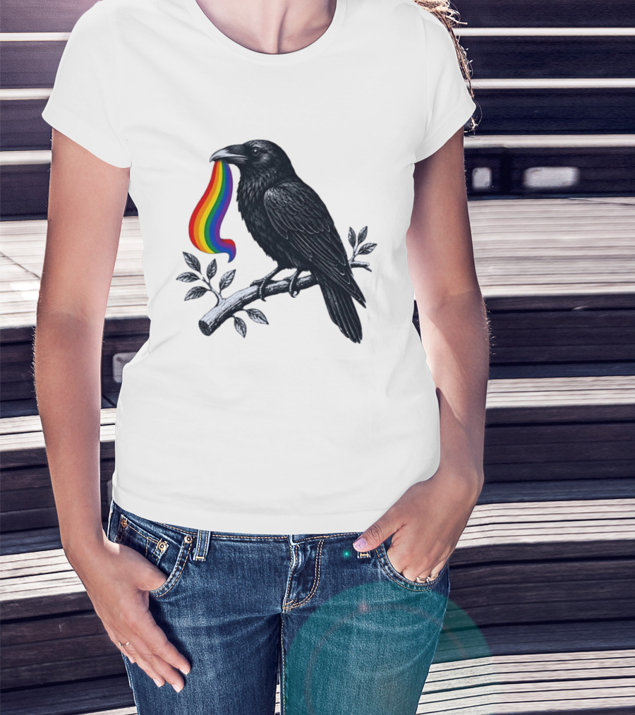 Rainbow Raven Pride Bird Holding Colorful Ribbon On Branch T-Shirt