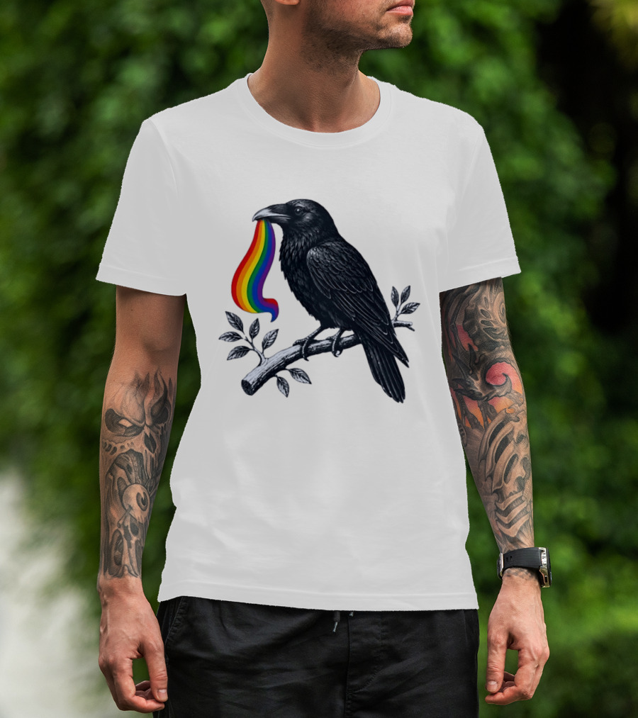 Rainbow Raven Pride Bird Holding Colorful Ribbon On Branch T-Shirt