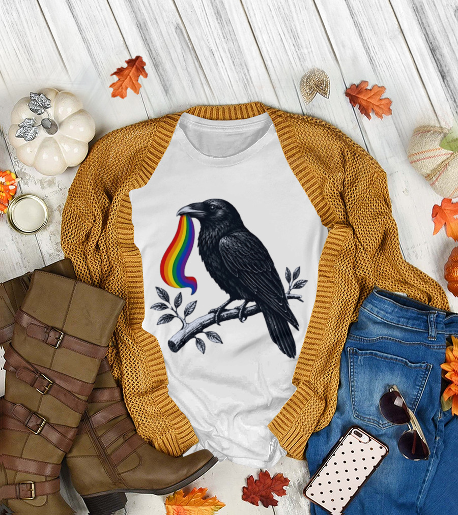 Rainbow Raven Pride Bird Holding Colorful Ribbon On Branch T-Shirt