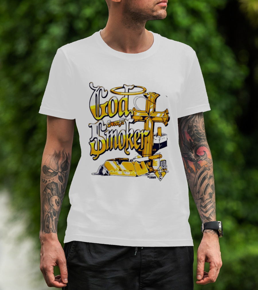 God Loves A Smoker Religious Faith Christian Cross Cigarette Ashtray T-Shirt