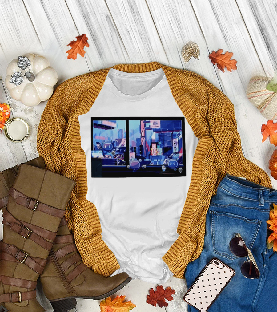 Lit Bot Apts Robots Futuristic City Skyline Pixel T-Shirt