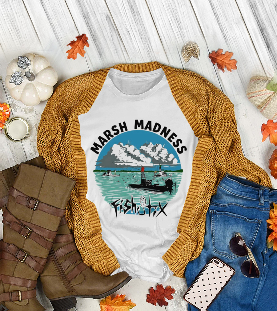 Marsh Madness Fishstix Boat Fishing Scene T-Shirt