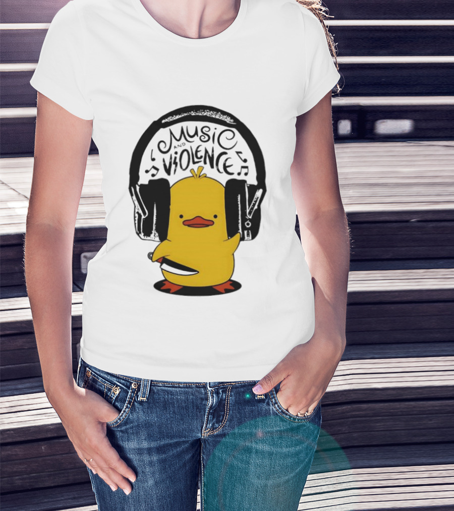 Murder Duck Music And Violence Headphones Knife Animal Bird T-Shirt
