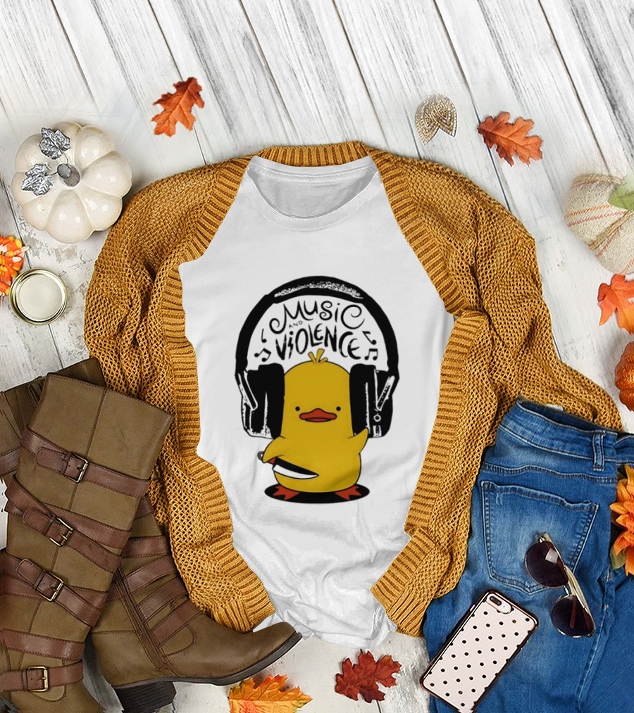 Murder Duck Music And Violence Headphones Knife Animal Bird T-Shirt