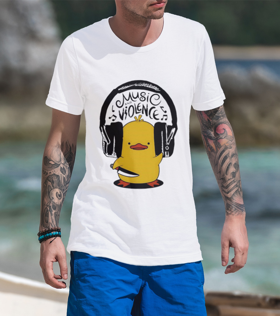 Murder Duck Music And Violence Headphones Knife Animal Bird T-Shirt