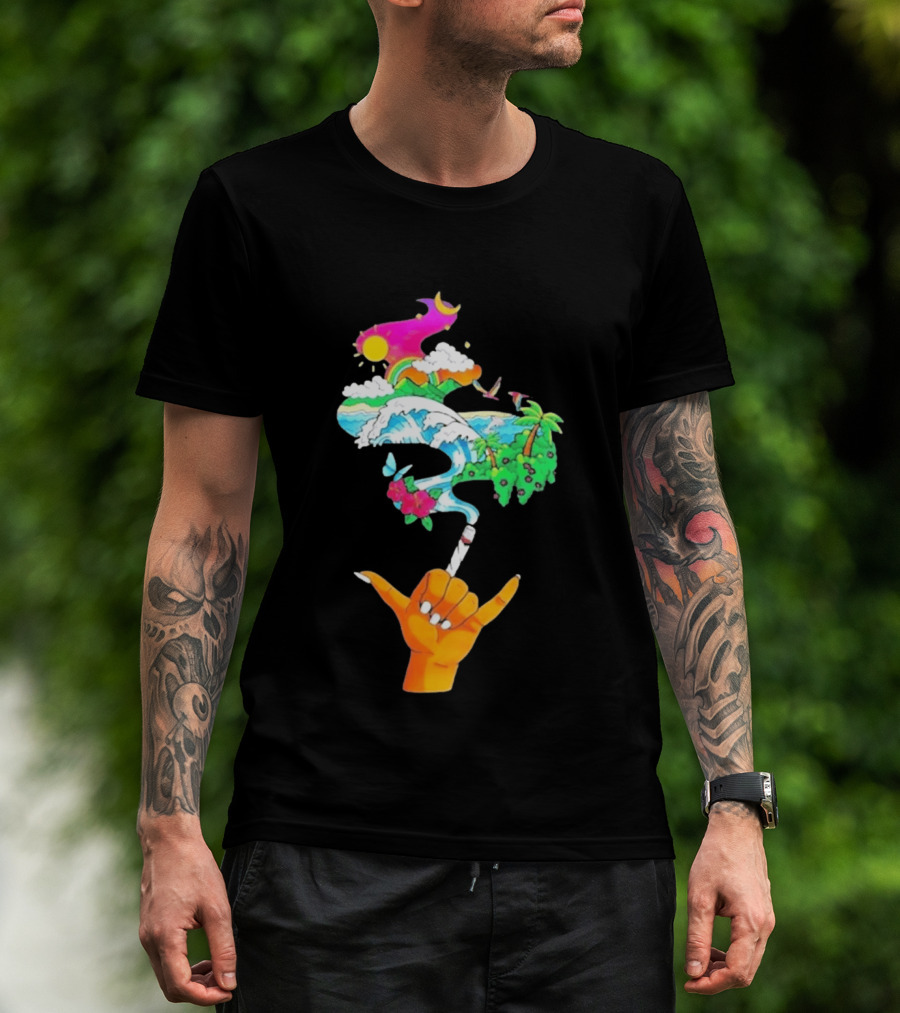 Shaka Hand Gesture With Tropical Island Wave And Colorful Clouds T-Shirt