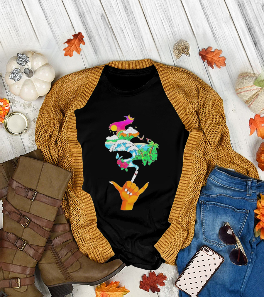 Shaka Hand Gesture With Tropical Island Wave And Colorful Clouds T-Shirt