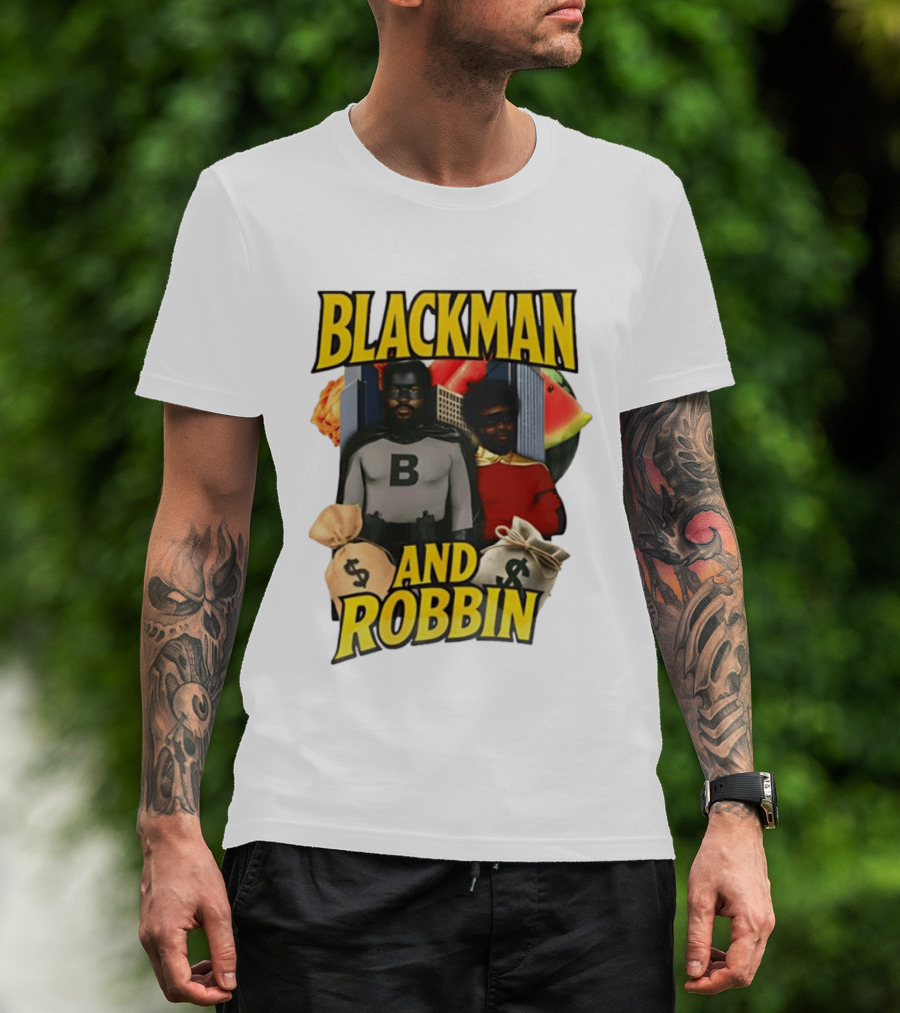 Blackman And Robbin Superhero Satire Comedy Money Bags Cityscape T-Shirt