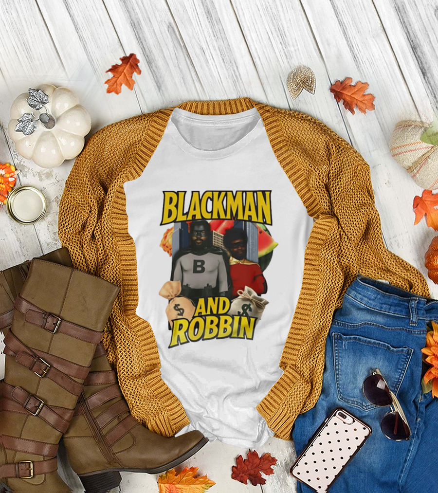 Blackman And Robbin Superhero Satire Comedy Money Bags Cityscape T-Shirt