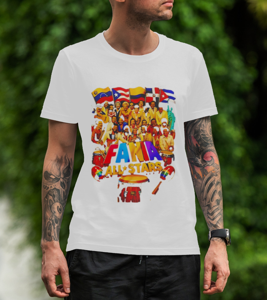Fania All Stars Band With Colorful Flags And Musical Instruments T-Shirt