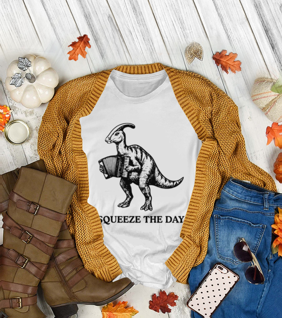 Parasaurolophus Squeeze The Day Playing Accordion T-Shirt