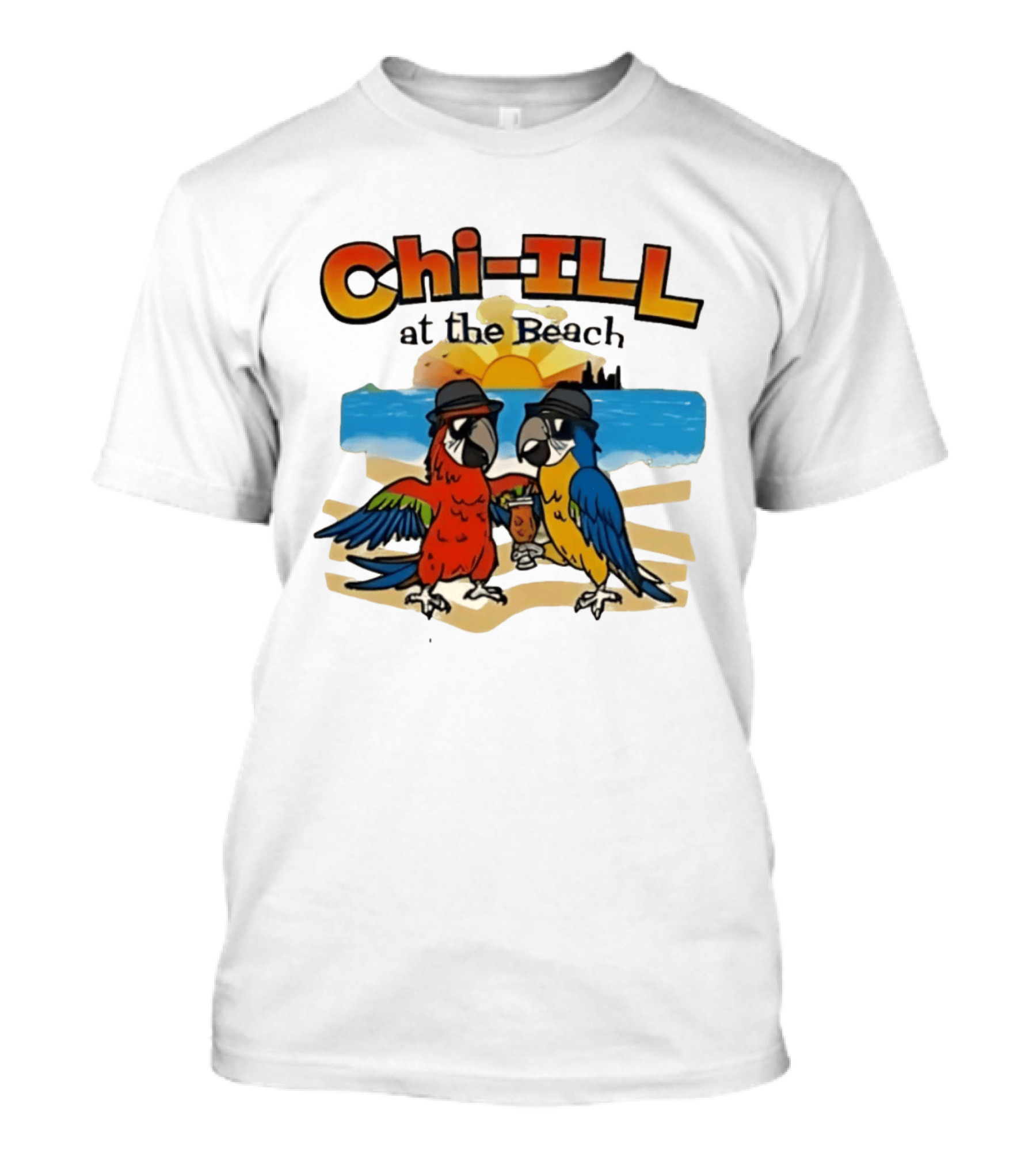 Chi ILL At The Beach Parrots With Hats And Sunset Scene T-Shirt