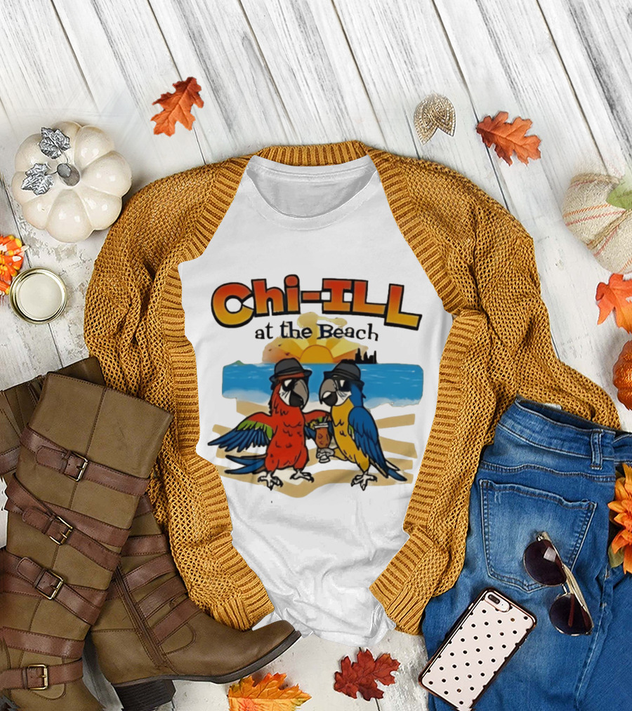 Chi ILL At The Beach Parrots With Hats And Sunset Scene T-Shirt