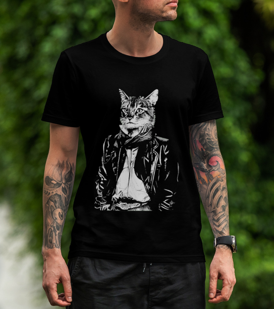 Cat They Only Come Out At Night Cool Cat In Leather Jacket T-Shirt