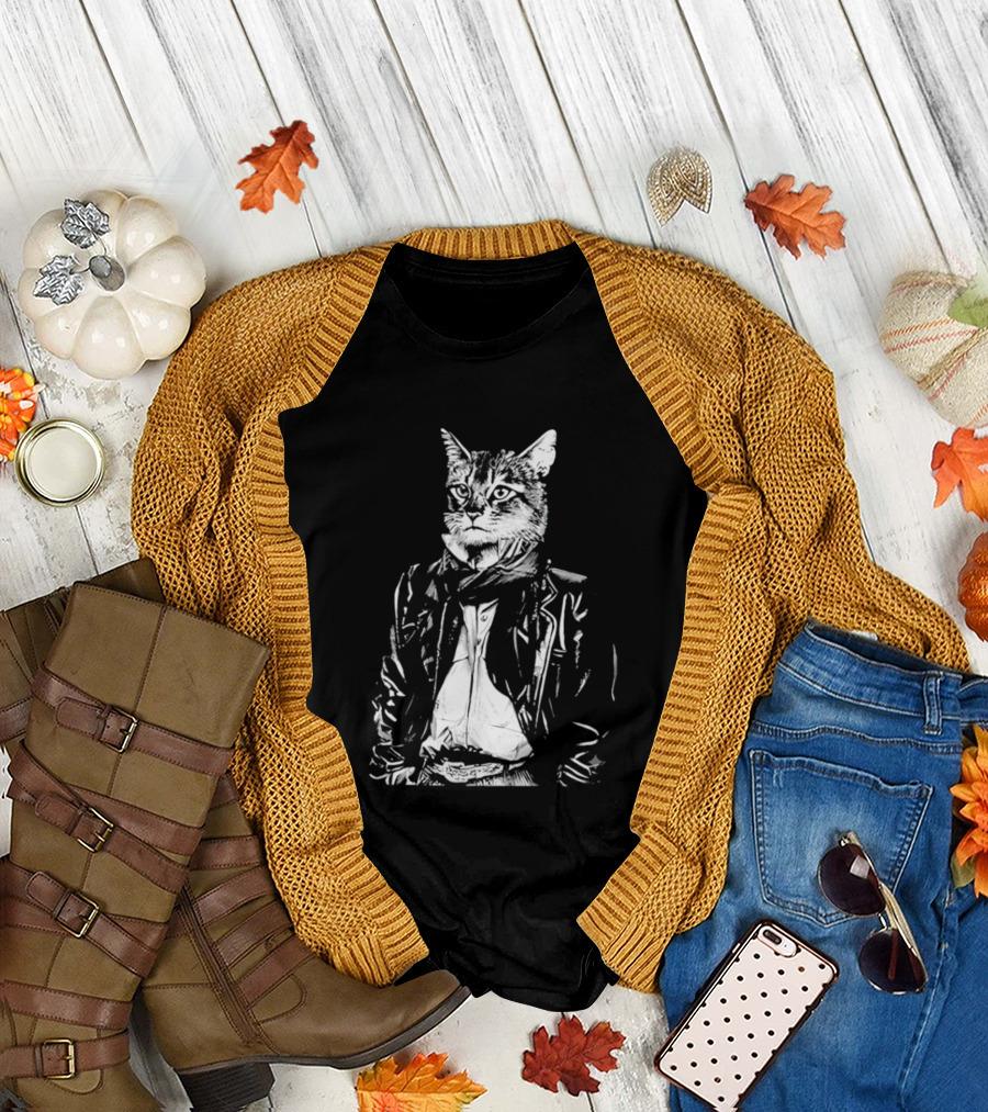 Cat They Only Come Out At Night Cool Cat in Leather Jacket T-Shirt