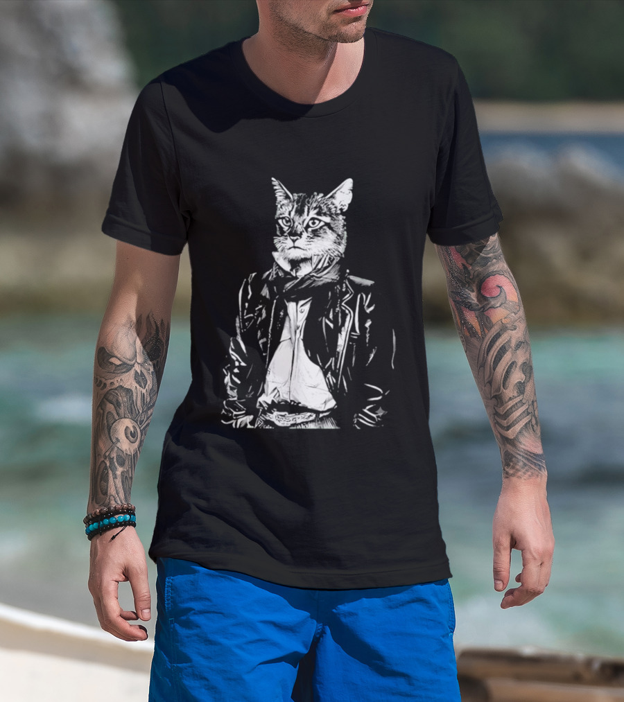 Cat They Only Come Out At Night Cool Cat In Leather Jacket T-Shirt