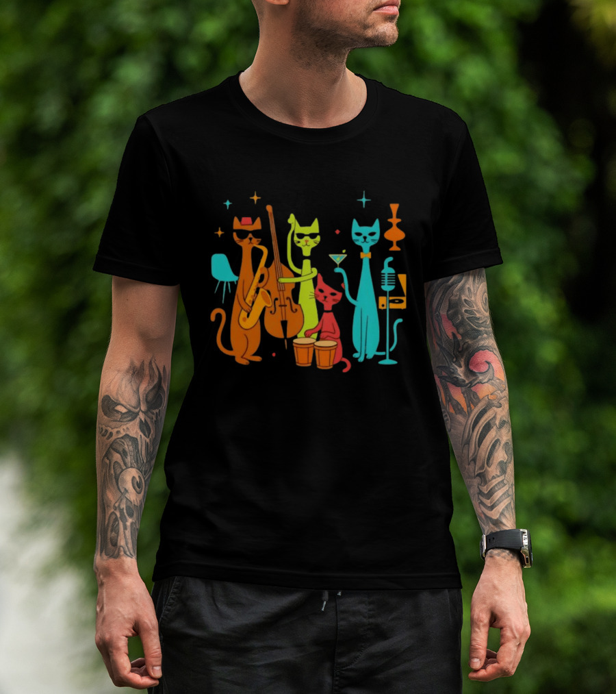 Jazz Cat Quartet Playing Instruments Bass Bongo Trumpet Martini T-Shirt