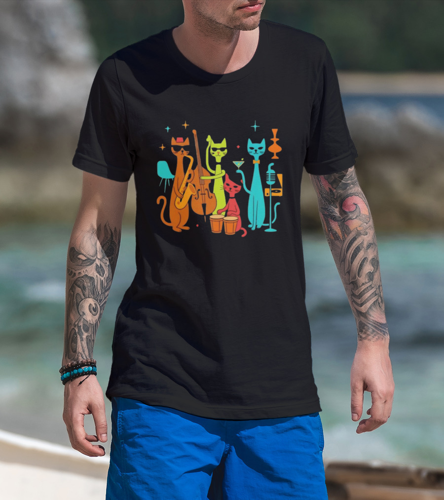 Jazz Cat Quartet Playing Instruments Bass Bongo Trumpet Martini T-Shirt