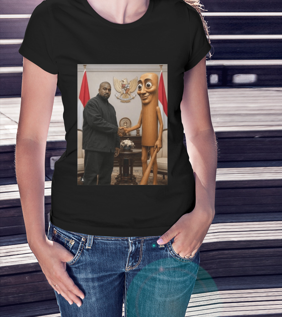 Kanye West And Indonesian Sahur Shaking Hand With Tung Tung Baton In Presidential Setting T-Shirt