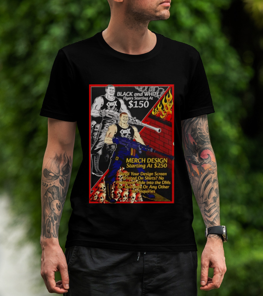 Crux Black And White Flyers And Merch Services Skulls And Flames Promo T-Shirt