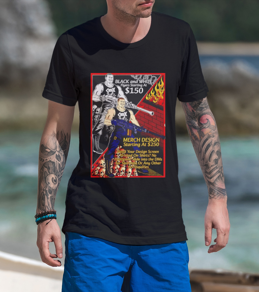 Crux Black And White Flyers And Merch Services Skulls And Flames Promo T-Shirt
