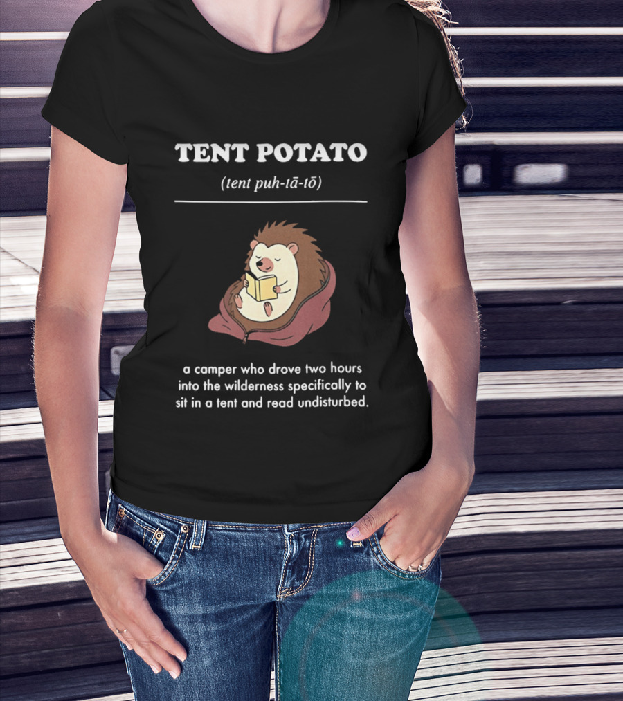 TENT POTATO Hedgehog Reading Camper Wilderness Tent Adventure T-Shirt
