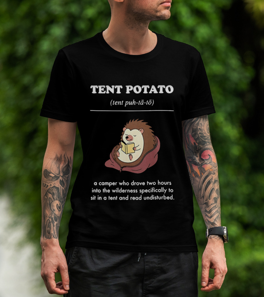 TENT POTATO Hedgehog Reading Camper Wilderness Tent Adventure T-Shirt