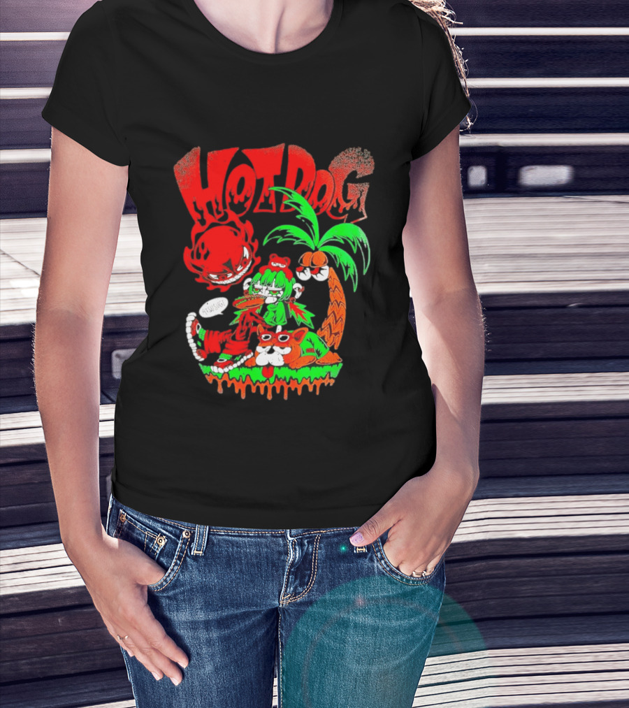 Hotdog Atsusugi Girl With Bear Hat And Dog Under Palm Tree T-Shirt