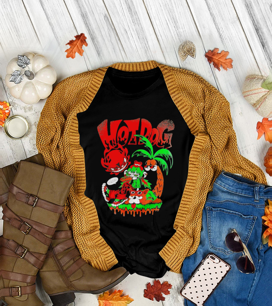 Hotdog Atsusugi Girl with Bear Hat and Dog under Palm Tree T-Shirt
