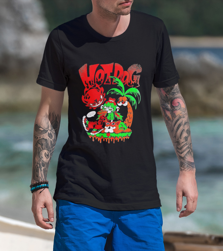 Hotdog Atsusugi Girl With Bear Hat And Dog Under Palm Tree T-Shirt