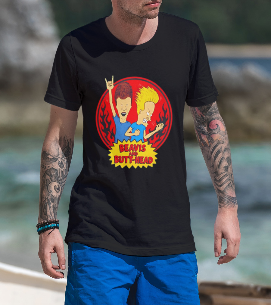 Beavis And Butt Head Rocking Out Flames Circle T-Shirt