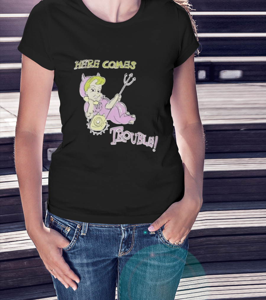 Here Comes Trouble Devil Baby With Pitchfork And Telephone T-Shirt