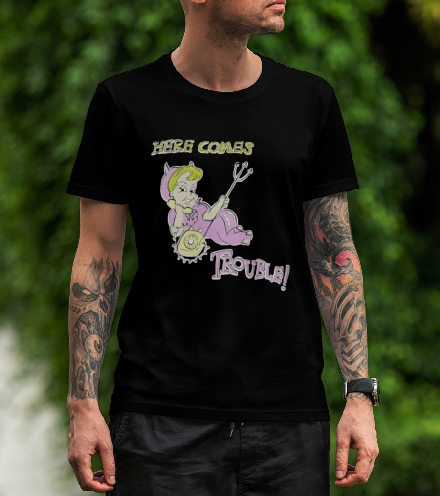 Here Comes Trouble Devil Baby With Pitchfork And Telephone T-Shirt