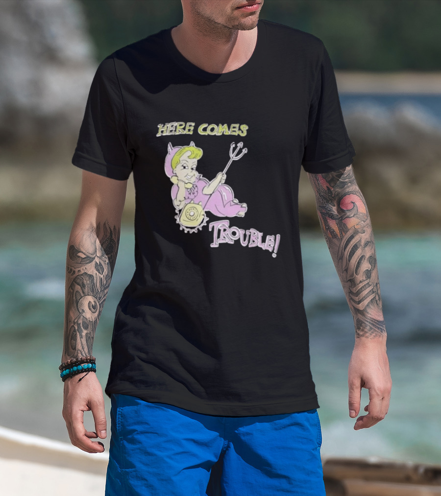 Here Comes Trouble Devil Baby With Pitchfork And Telephone T-Shirt