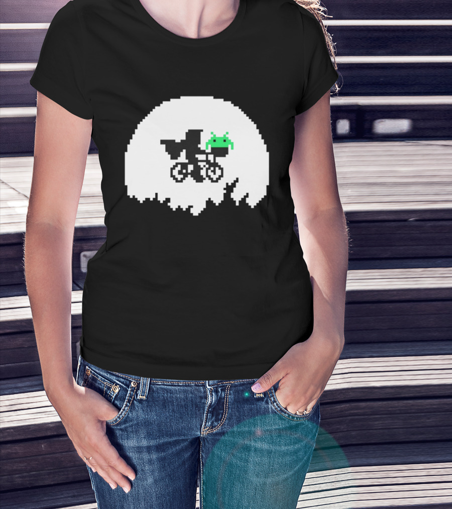 Elliott And Extra Terrestrial On Bicycle With Space Invader Pixel T-Shirt