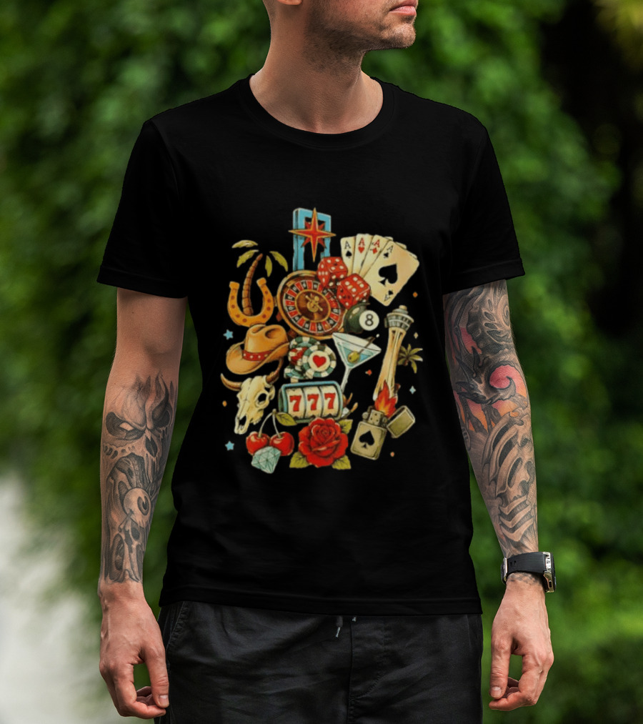 Las Vegas Casino Lucky Seven Poker Ace Of Spades Roulette Dice Palm Tree Horseshoe Rose Martini Skyscraper T-Shirt