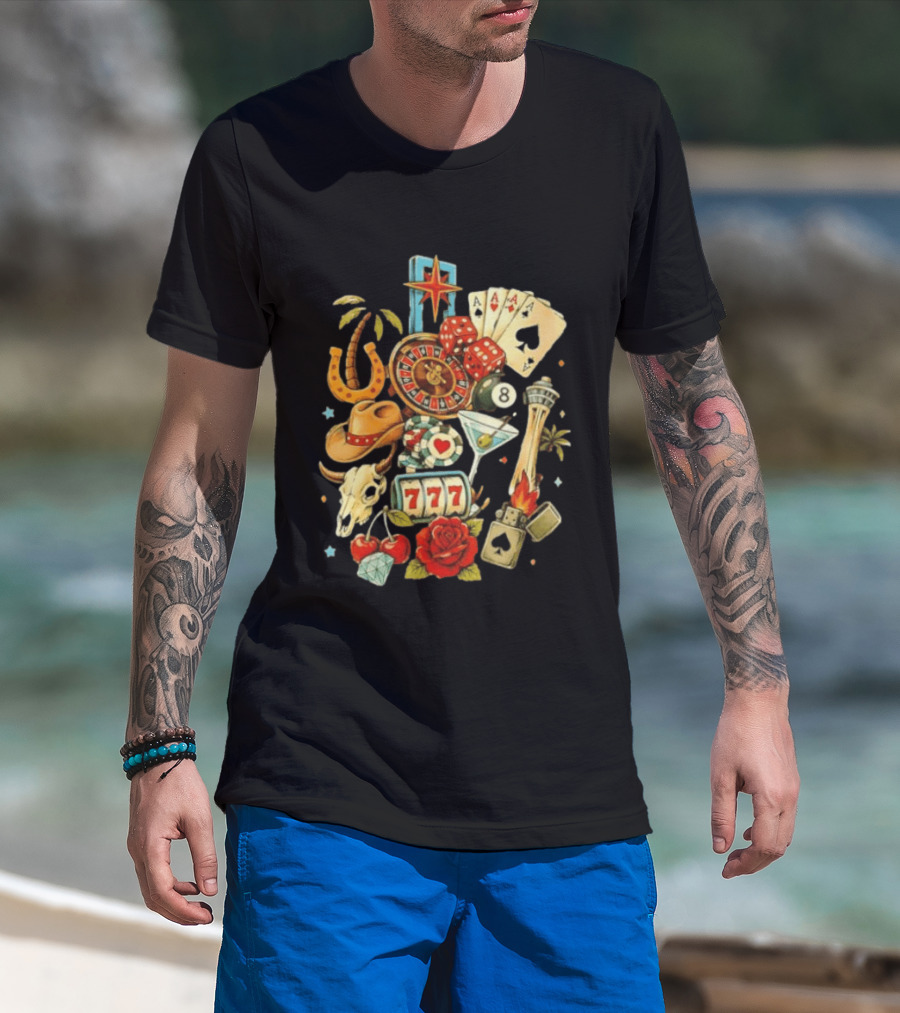 Las Vegas Casino Lucky Seven Poker Ace Of Spades Roulette Dice Palm Tree Horseshoe Rose Martini Skyscraper T-Shirt