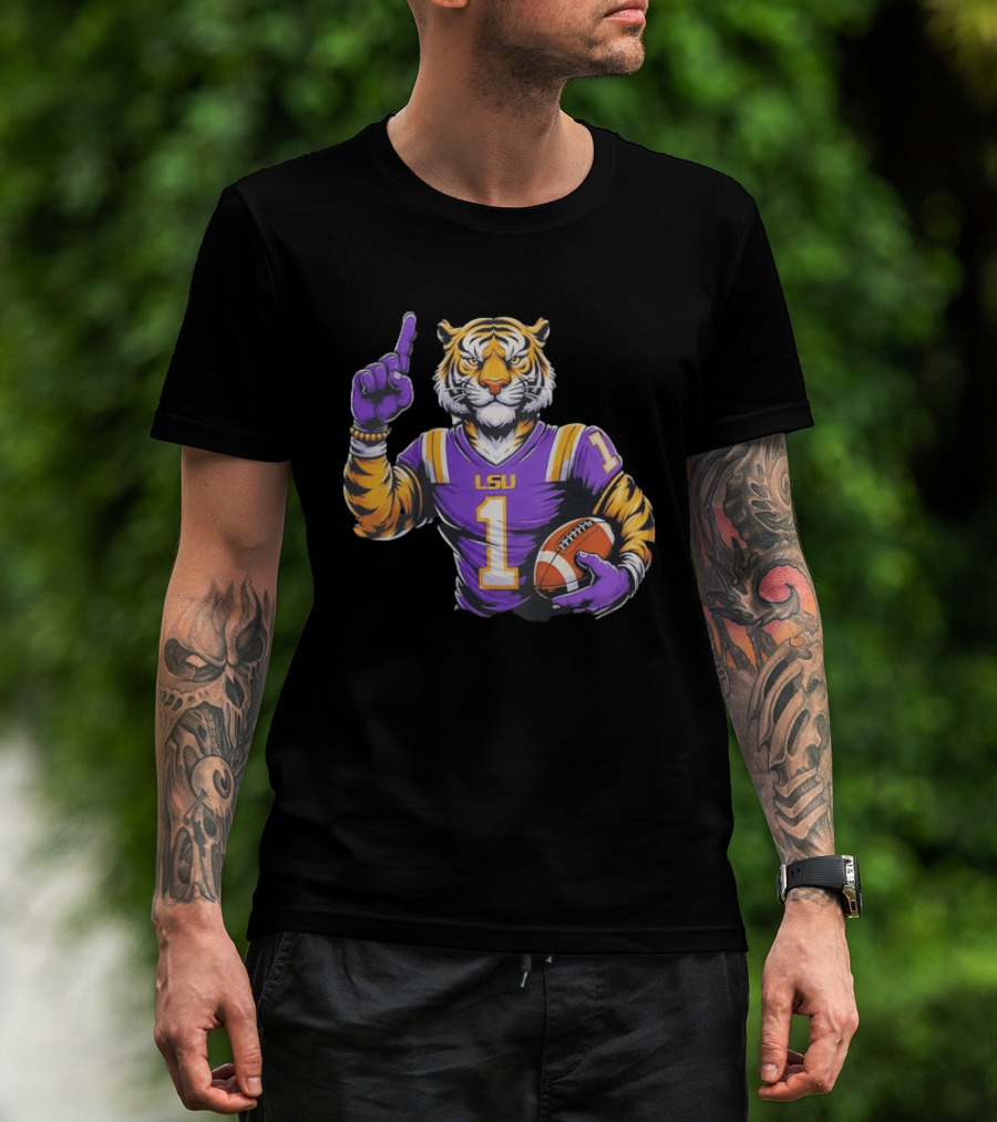 LSU Tiger Football Pointing Number 1 Holding Ball T-Shirt