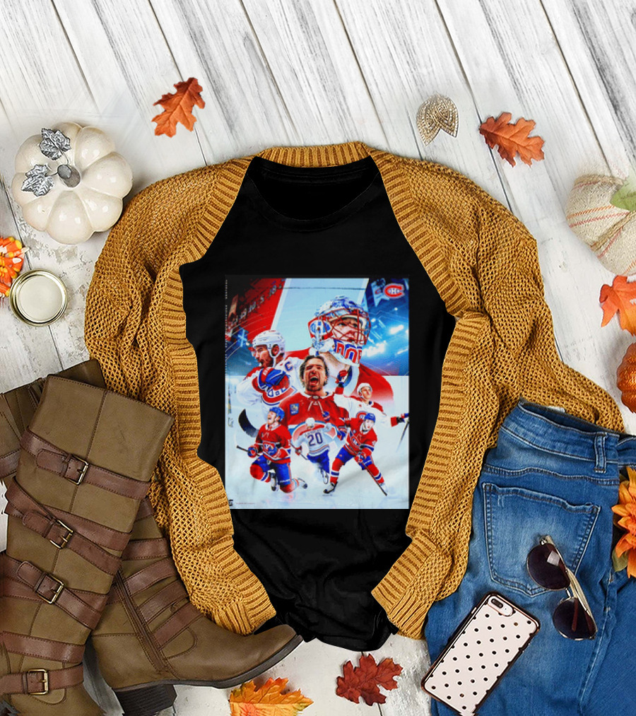Montreal Canadiens Players and Goalkeeper Collage Featuring Number 20 T-Shirt