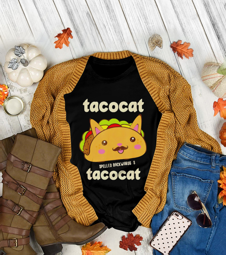 Tacocat Spelled Backwards Funny Meme Cartoon Palindrome Cat T-Shirt
