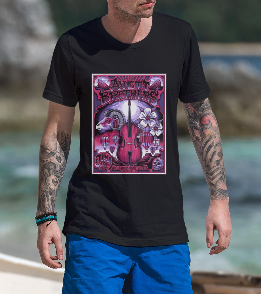 The Avett Brothers Red Rocks Amphitheatre Jul 10 2026 Morrison CO Hot Air Balloons Ram Violin Skull Art Flowers T-Shirt