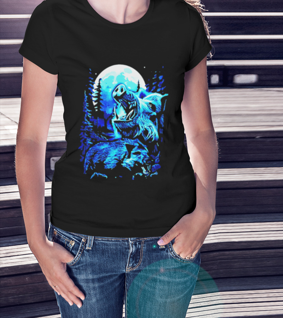 Wild Boar Howling At The Moon Under Mystical Forest Night Sky T-Shirt