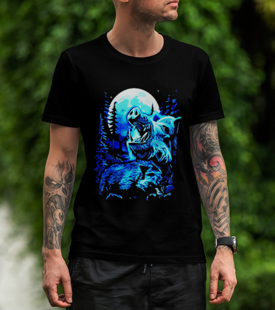 Wild Boar Howling At The Moon Under Mystical Forest Night Sky T-Shirt