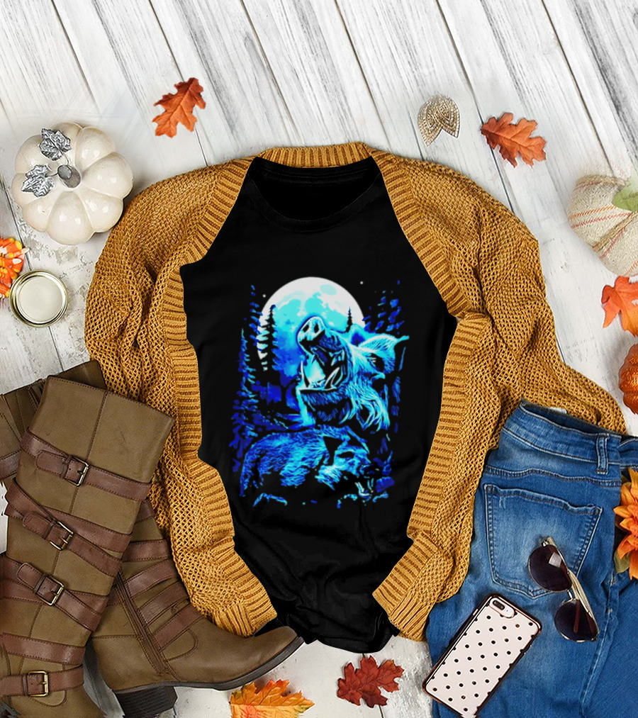 Wild Boar Howling At The Moon Under Mystical Forest Night Sky T-Shirt