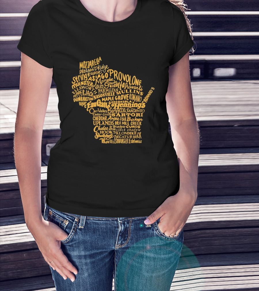 Wisconsin Cheese Map Eau Galle Cheddar Provolone Mozzarella Gouda Asiago Parmigiano Ullands T-Shirt