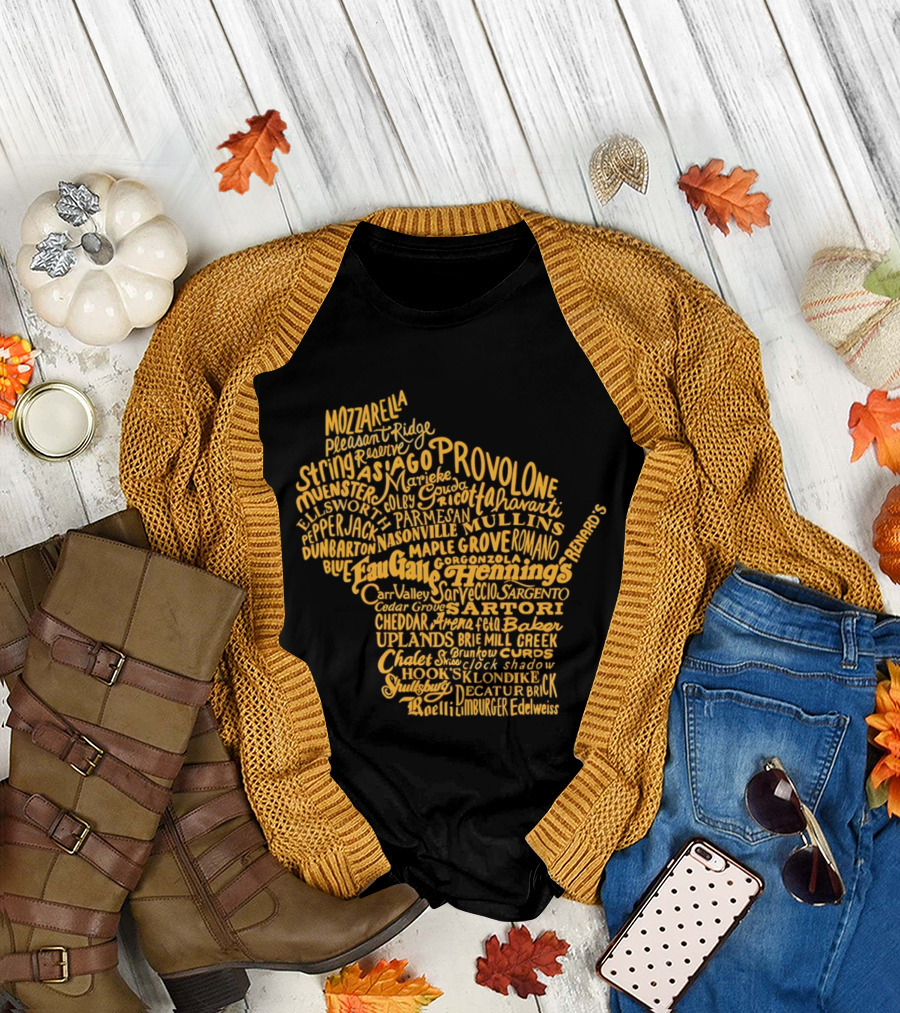 Wisconsin Cheese Map Eau Galle Cheddar Provolone Mozzarella Gouda Asiago Parmigiano Ullands T-Shirt