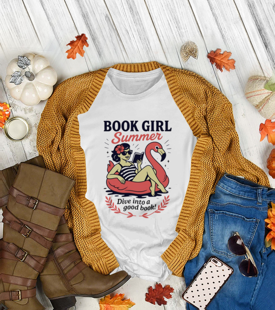 Book Girl Summer Flamingo Beach Reading Dive into a Good Book T-Shirt