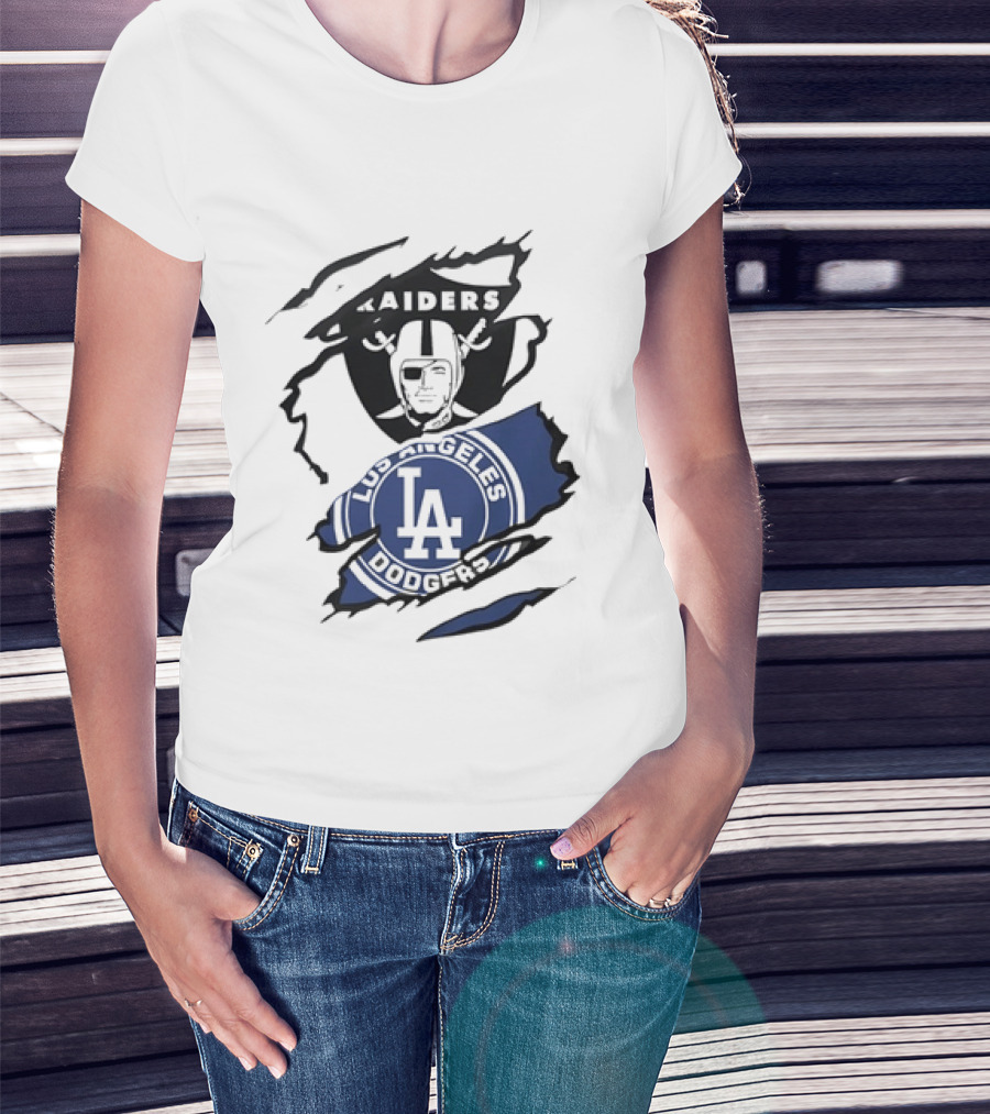 Raiders Los Angeles Dodgers Ripped Effect NFL MLB Crossover Fan Gear T-Shirt