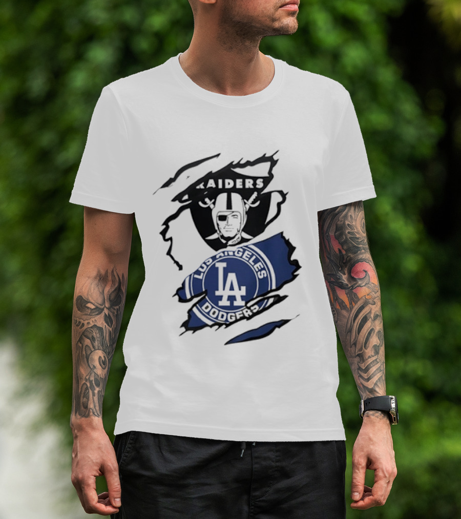 Raiders Los Angeles Dodgers Ripped Effect NFL MLB Crossover Fan Gear T-Shirt