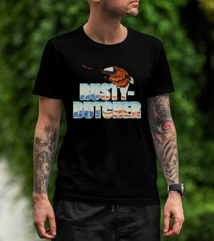 Rusty Butcher American Eagle With Patriotic Stars And Stripes T-Shirt